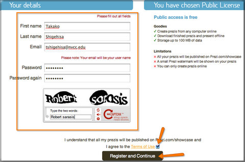 Click register and continue.