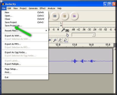 To save the Audacity project, go to the "File" menu on the top tool bar.