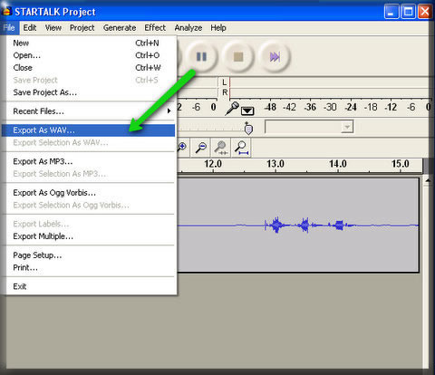 To create sound files, go the "File menu". The sound file is the type of file you need to create in order to be able to send your audio by e-mail as an attachments or upload to any course management system such as Blackboard.