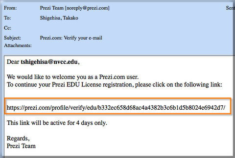 Go to your e-mail and click the url sent by Prezi.