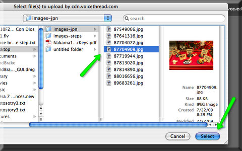 Click an image on your computer (Hold control/apple key to select more than one images) and click "select". 